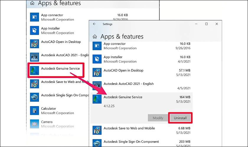 Nhấp chuột phải v&agrave;o Autodesk Genuine Service, sau đ&oacute; chọn Uninstall