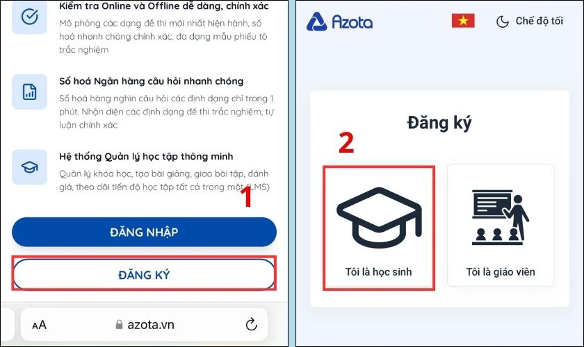 Azota.vn đăng ký cho học sinh