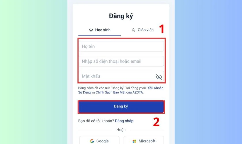 Azota.vn đăng ký cho học sinh như thế nào