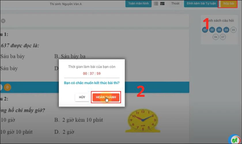 Sau khi điền hết đ&aacute;p &aacute;n, bấm Nộp b&agrave;i để kết th&uacute;c b&agrave;i thi