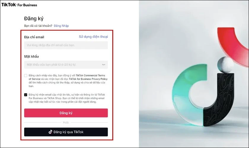 T&iacute;ch chọn đồng &yacute; với TikTok Commercial Terms of Service v&agrave; TikTok for Business Privacy Policy
