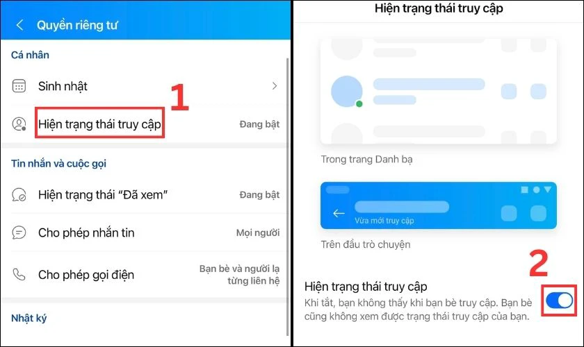 Truy cập v&agrave;o phần Hiển thị trạng th&aacute;i truy cập