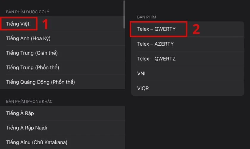 Tại mục tiếng Việt, bạn chọn kiểu gõ Telex - QWERTY