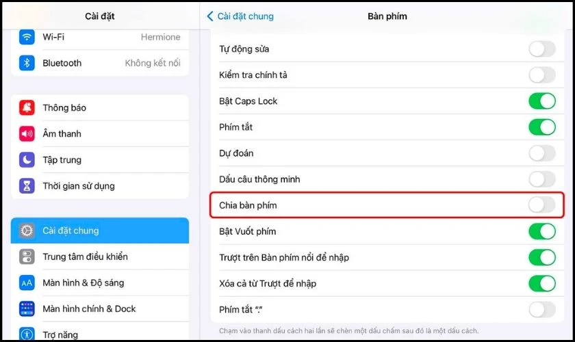 Gạt tắt tính năng chia bàn phím để sửa bàn phím iPad bị thu nhỏ lại