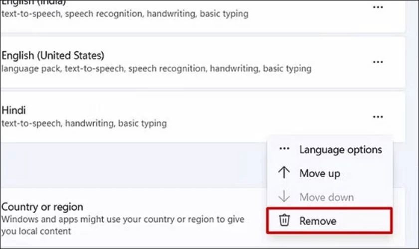 Chọn Vietnamese v&agrave; nhấn v&agrave;o Remove
