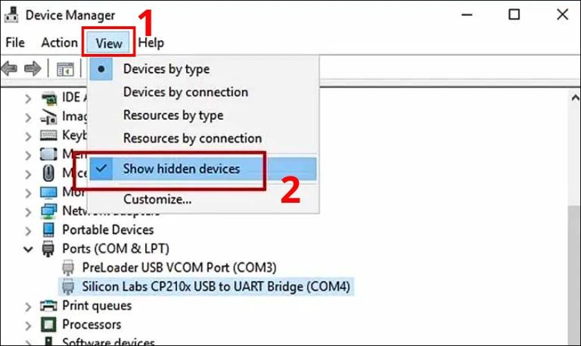  Tiếp theo, bạn chọn View v&agrave; chọn v&agrave;o Show Hidden Devices