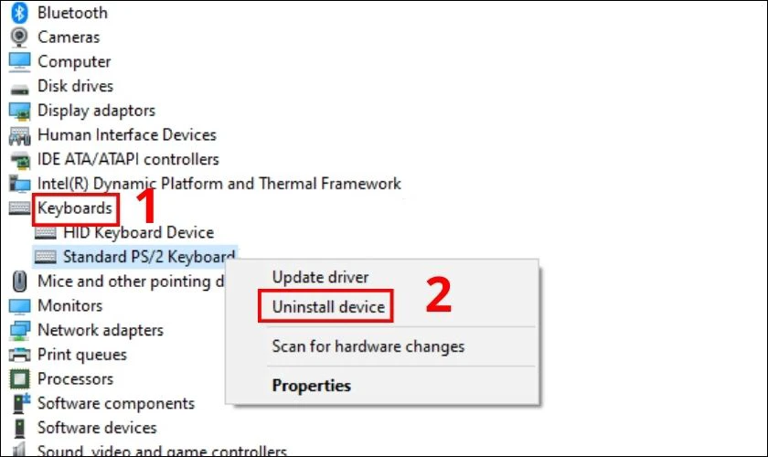 Nhấn chuột phải v&agrave;o b&agrave;n ph&iacute;m của bạn, chọn Uninstall device