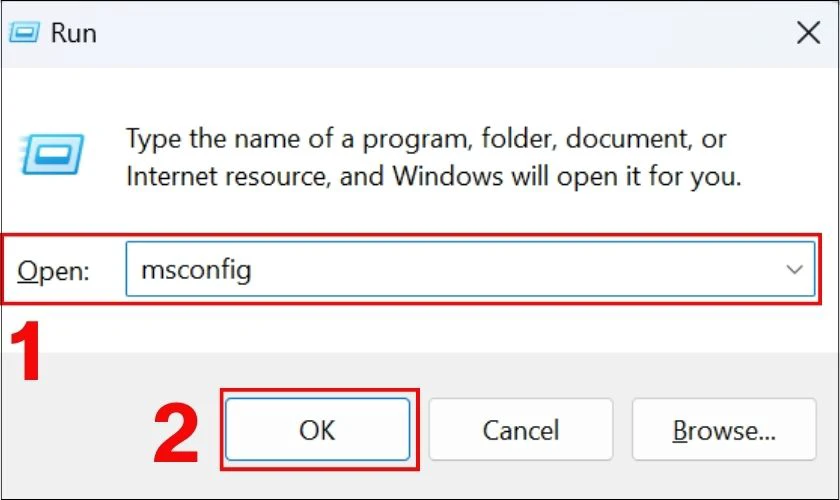 Nhấn tổ hợp Win + R, tiếp theo nhập từ kh&oacute;a &ldquo;msconfig&rdquo; v&agrave; chọn&nbsp;OK