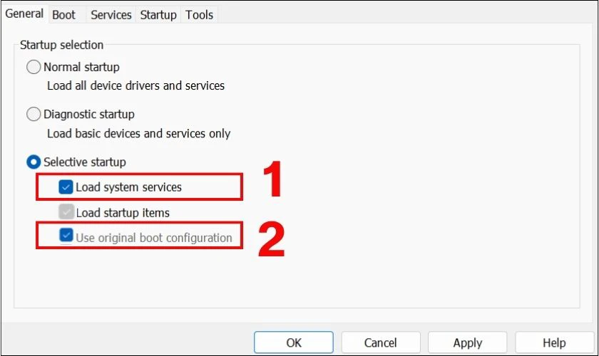 Đ&aacute;nh dấu v&agrave;o 2 &ocirc; Load System services v&agrave; Use original boot configuration