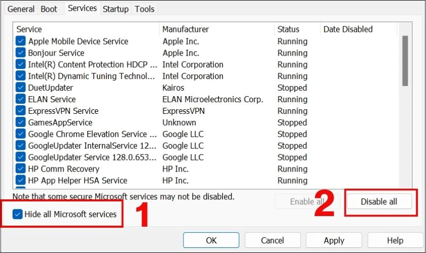Click v&agrave;o t&ugrave;y chọn Hide All Microsoft Services v&agrave; bấm n&uacute;t Disable all