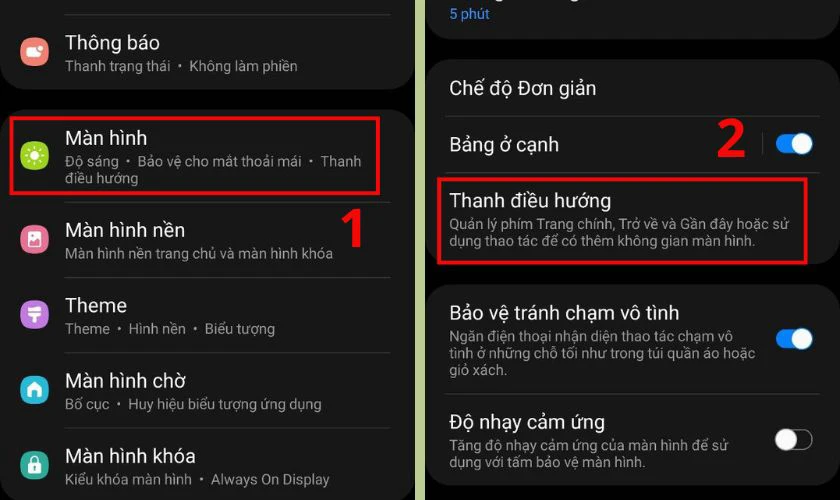 Chọn M&agrave;n h&igrave;nh trong C&agrave;i đặt v&agrave; chọn Thanh điều hướng