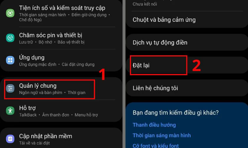 Chọn mục Quản l&yacute; chung trong C&agrave;i đặt rồi chọn Đặt lại