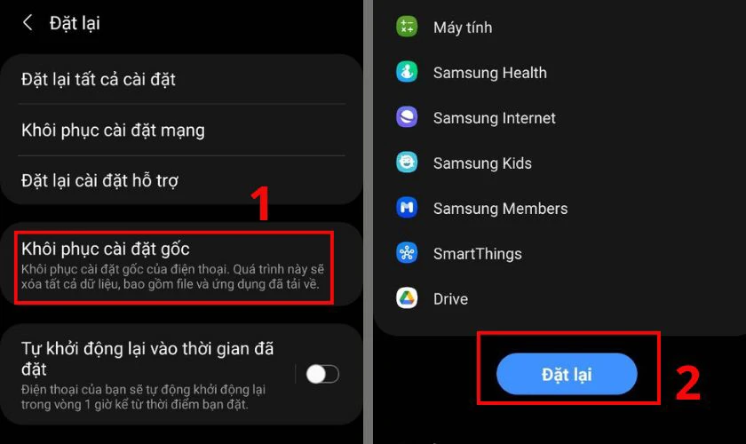 Chọn Kh&ocirc;i phục c&agrave;i đặt gốc v&agrave; chọn Đặt lại