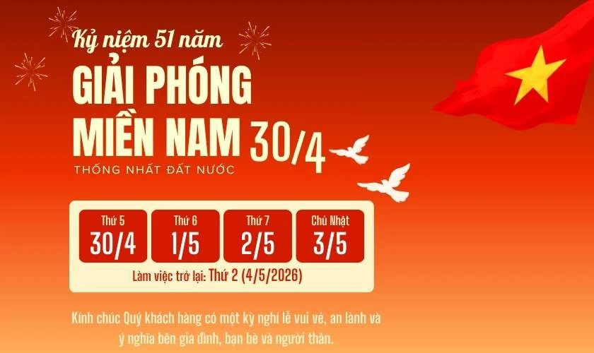 Banner thông báo nghỉ lễ 30/4 1/5 đẹp nhất 2026 ấn tượng