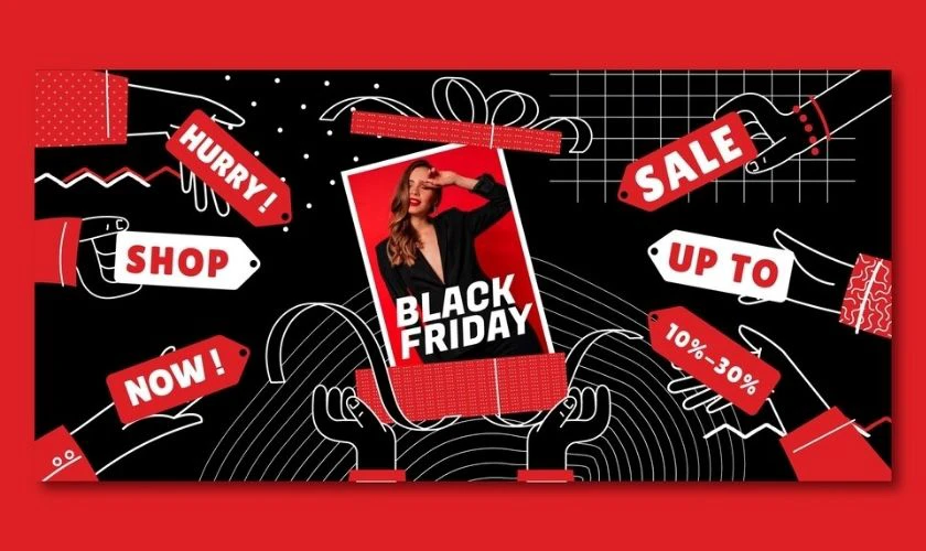 Banner Black Friday với t&ocirc;ng đỏ đen ấn tượng