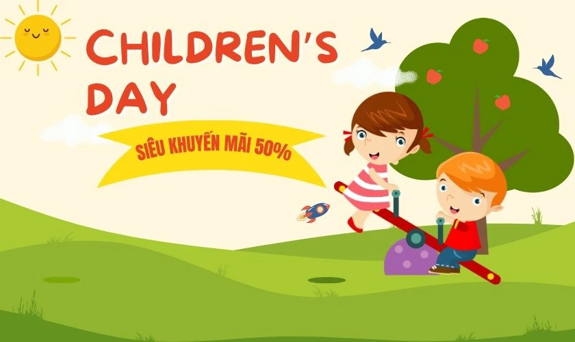 Banner khuyến m&atilde;i Quốc tế Thiếu nhi 2025 ấn tượng free