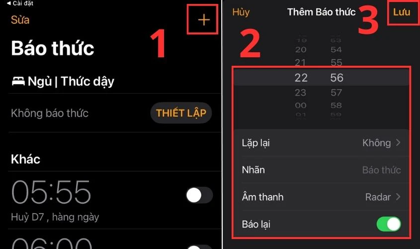 Chọn vào dấu cộng góc phải màn hình và thiết lập thời gian cùng các tùy chỉnh