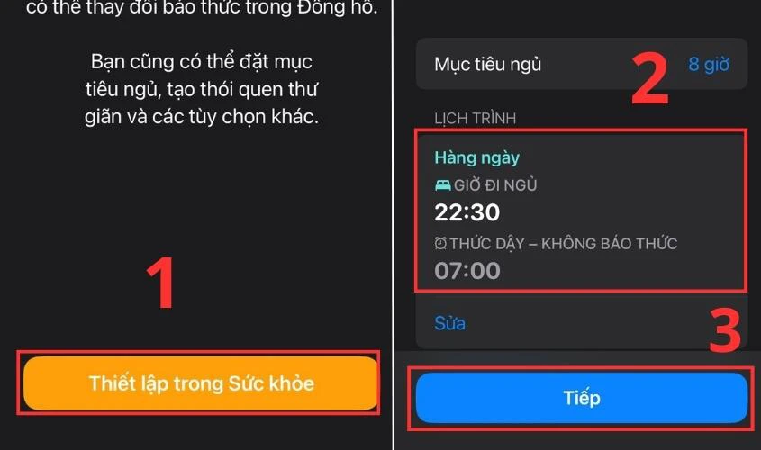 Lựa chọn Mục tiêu ngủ, Lịch trình phù hợp và nhấn vào Tiếp Tục