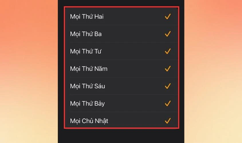 Chọn tất cả các ngày trong tuần để cài báo thức hàng ngày