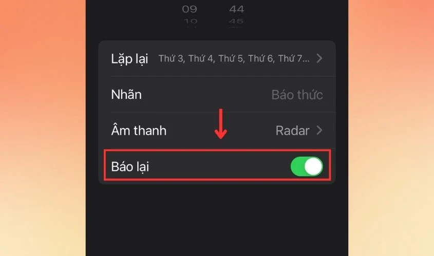Trượt nút sang phải để kích hoạt tính năng báo lặp lại