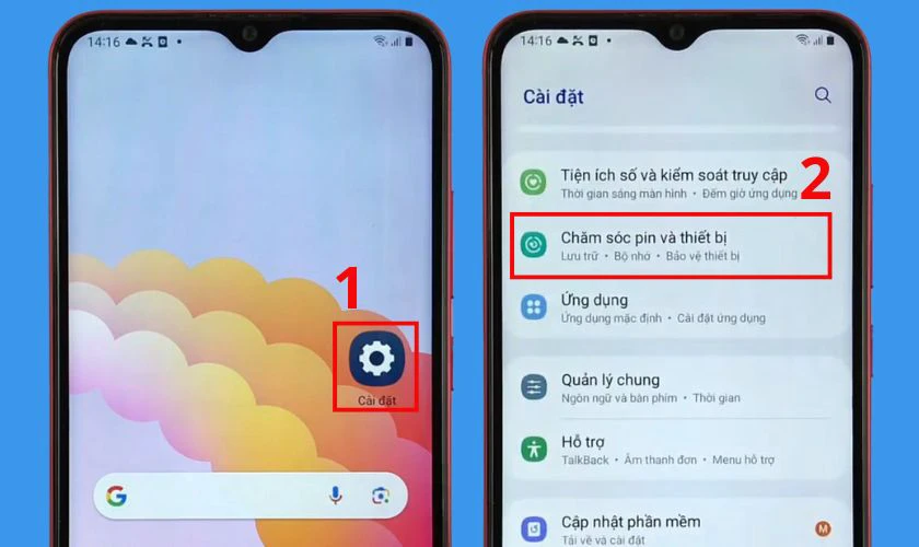V&agrave;o C&agrave;i đặt v&agrave; chọn v&agrave;o mục Chăm s&oacute;c pin v&agrave; thiết bị