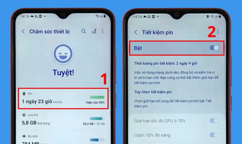 Chọn v&agrave;o Pin v&agrave; v&agrave;o mục Tiết kiệm pin