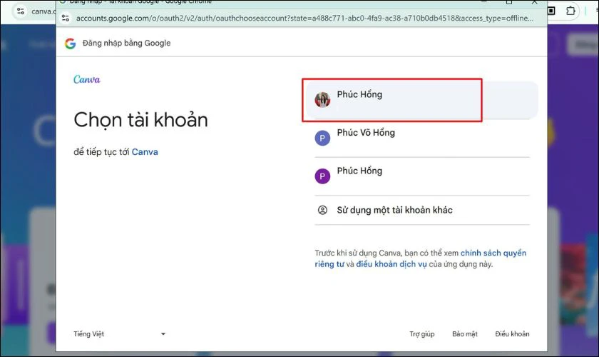 Click chuột vào tài khoản đã tạo tài khoản