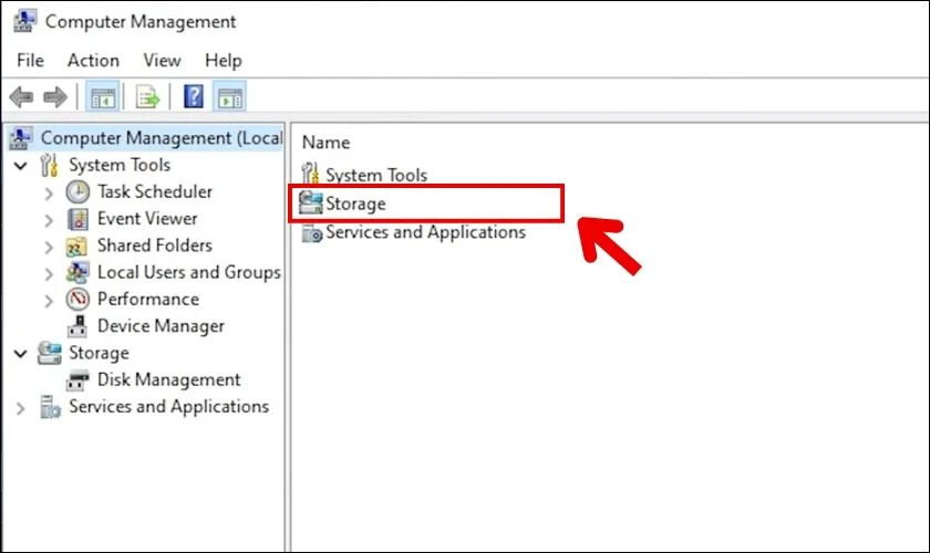 Xuất hiện hộp thoại Computer Management, bạn bấm chọn mục Storage