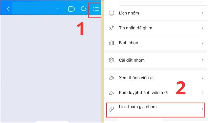 Nhấn v&agrave;o dấu 3 gạch v&agrave; chọn mục Link tham gia nh&oacute;m