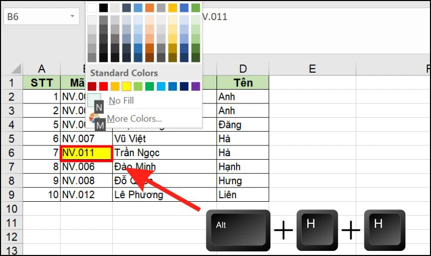 Ph&iacute;m tắt b&ocirc;i m&agrave;u trong Excel