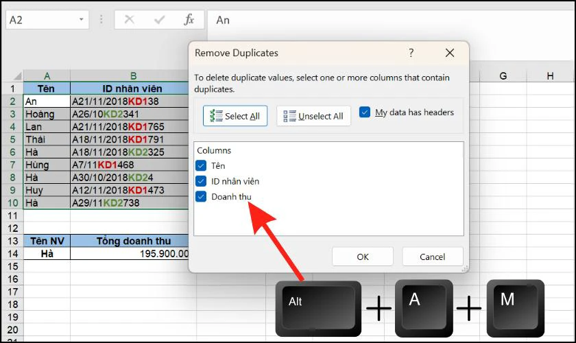 Ph&iacute;m tắt lọc tr&ugrave;ng trong Excel