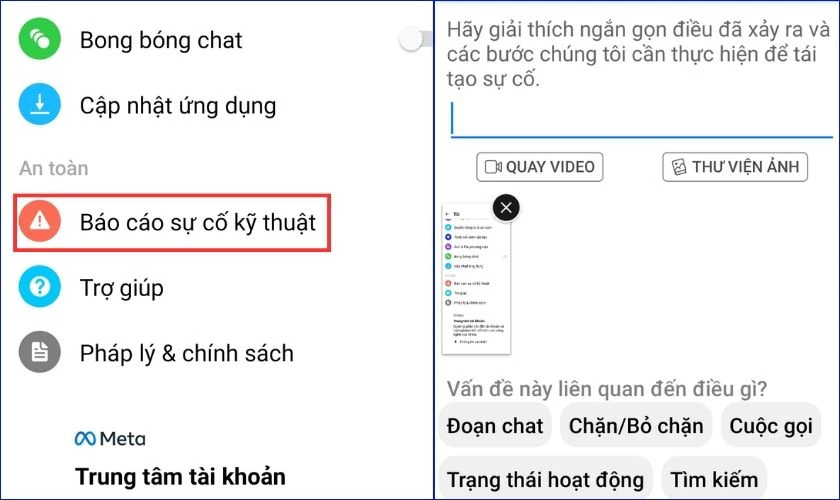 Cuộn xuống tìm chọn Báo cáo sự cố kỹ thuật
