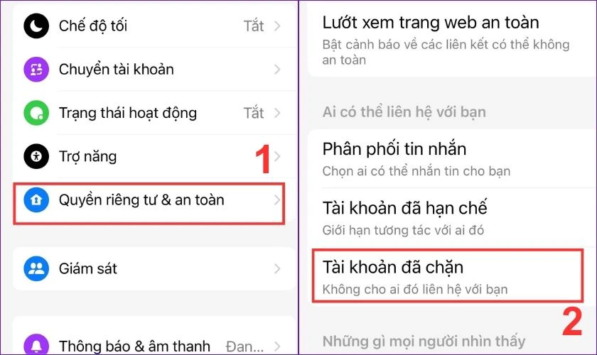 Sau đó, bạn nhấn chọn vào mục Quyền riêng tư & an toàn