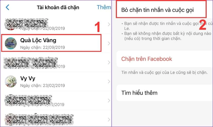 Cuối cùng, nhấn vào tài khoản người đó rồi chọn lệnh Bỏ chặn tin nhắn và cuộc gọi