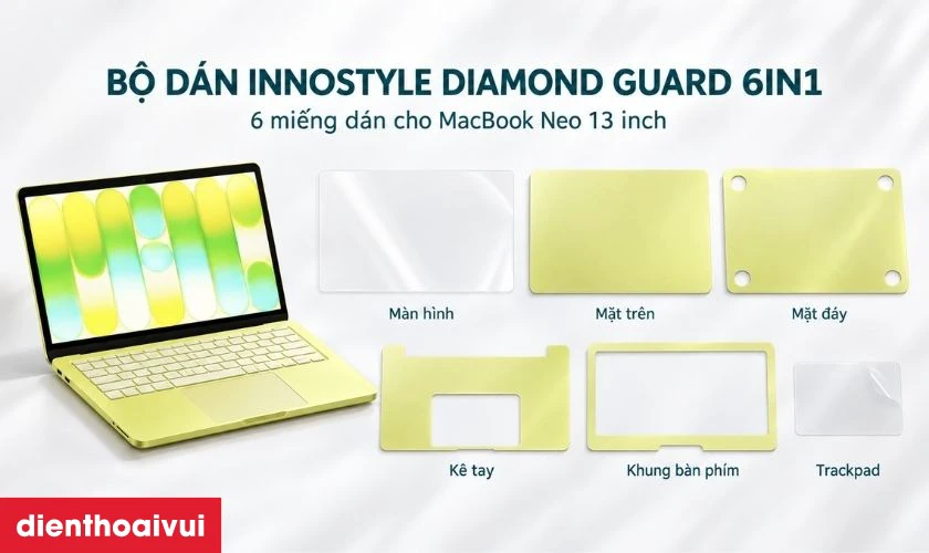 Bộ d&aacute;n Full Innostyle MacBook 3M 6in1 For MacBook Neo 13 inch Diamond Guard gồm những g&igrave;?