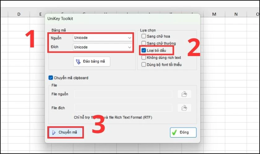 Cách loại bỏ dấu trong Excel bằng Unikey