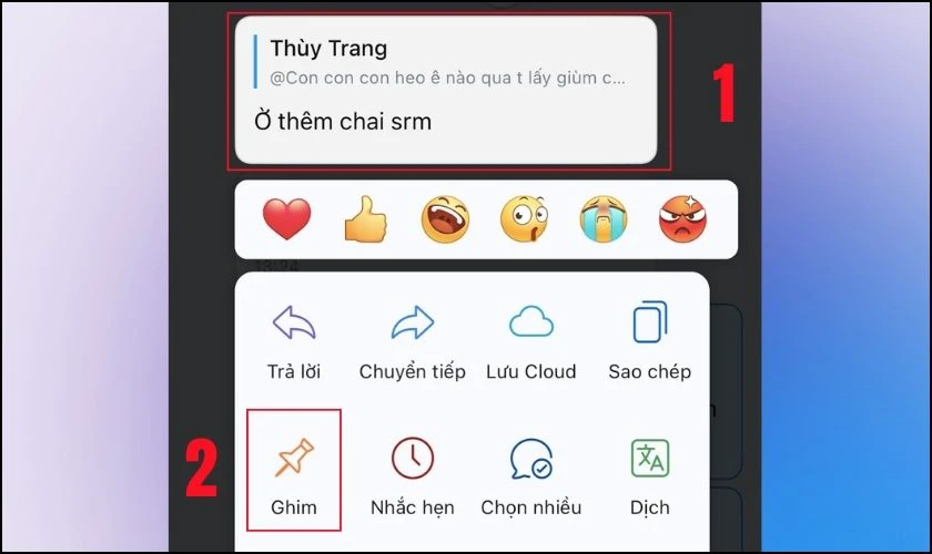 Nhấn giữ v&agrave;o tin nhắn chọn v&agrave;o mục Ghim tin nhắn