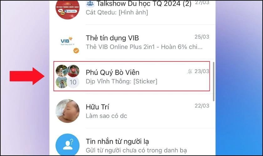 C&aacute;ch bỏ ghim tin nhắn Zalo 1,2 người tr&ecirc;n điện thoại