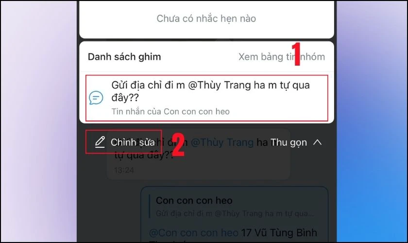 Bấm v&agrave;o tin nhắn đ&atilde; ghim v&agrave; chọn v&agrave;o mục Chỉnh sửa
