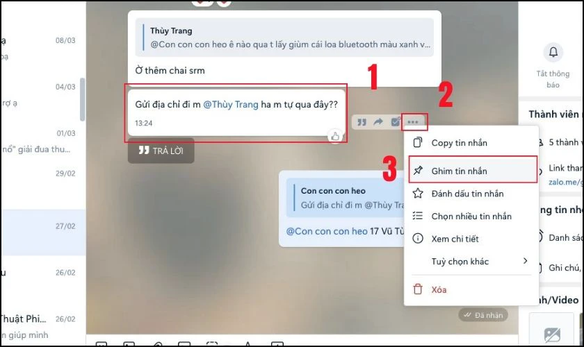 Nhấp v&agrave;o 3 chấm ngang, chọn Ghim tin nhắn