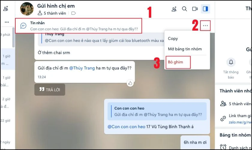 C&aacute;ch hủy ghim tin nhắn Zalo 1,2 người tr&ecirc;n m&aacute;y t&iacute;nh