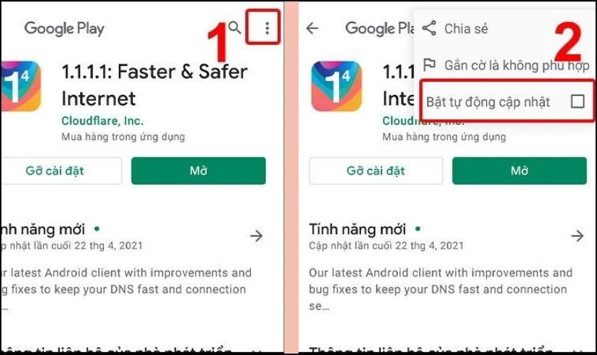Bấm v&agrave;o biểu tượng ba chấm ở g&oacute;c tr&ecirc;n b&ecirc;n phải, sau đ&oacute; chọn Tắt cập nhật tự động