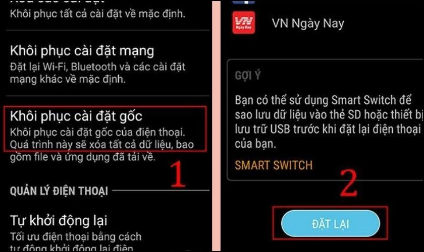 Tại đ&acirc;y, chọn kh&ocirc;i phục c&agrave;i đặt gốc v&agrave; nhấn đặt lại để tiến h&agrave;nh kh&ocirc;i phục
