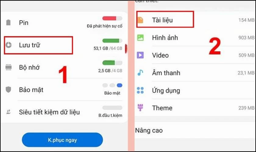 Sau khi v&agrave;o mục Chăm s&oacute;c thiết bị, bạn h&atilde;y chọn Lưu trữ
