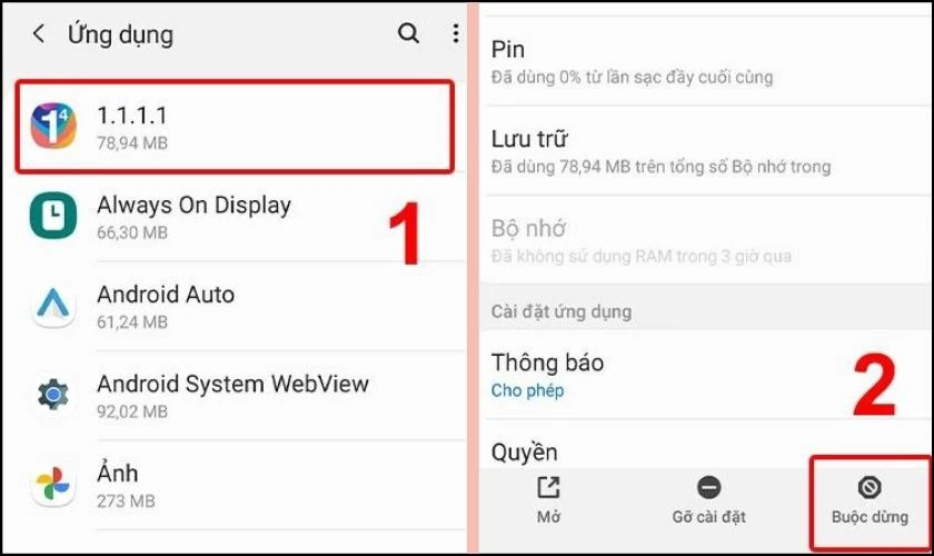 Bạn chọn v&agrave;o mục Ứng dụng kh&ocirc;ng quan trọng rồi nhấn v&agrave;o mục Buộc dừng