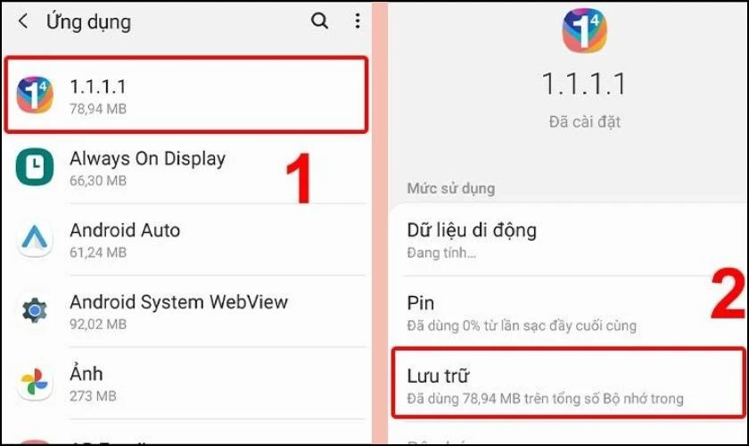 T&igrave;m v&agrave; chọn ứng dụng m&agrave; bạn muốn x&oacute;a bộ nhớ đệm, sau đ&oacute; nhấn v&agrave;o mục Lưu trữ