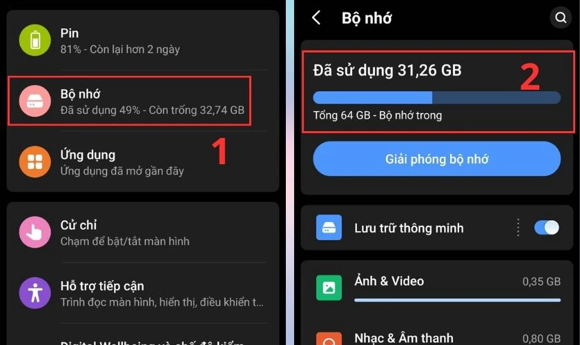 Bạn v&agrave;o C&agrave;i đặt chọn v&agrave;o Bộ nhớ