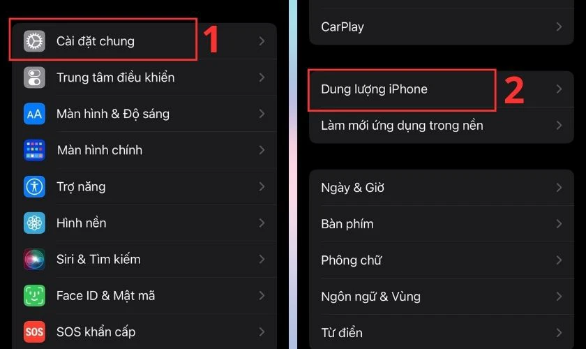 Bấm v&agrave;o mục Dung lượng iPhone trong C&agrave;i đặt chung