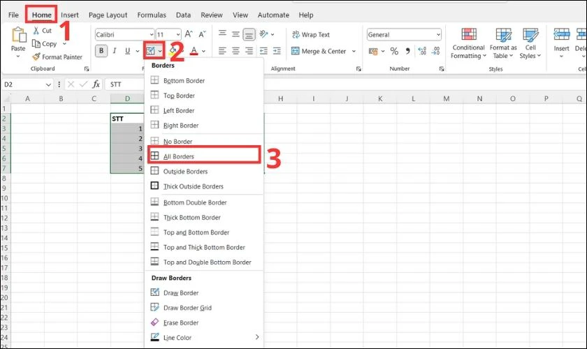 Chọn All Borders để tạo khung to&agrave;n bộ dữ liệu trong Excel