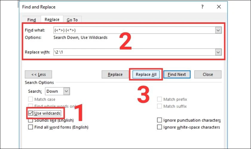 Sau khi thiết lập xong c&aacute;c t&ugrave;y chọn click v&agrave;o Replace all